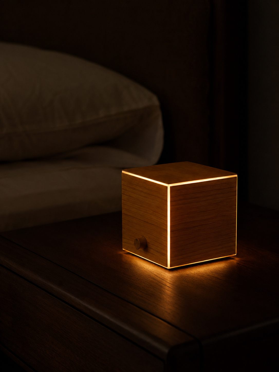 Nara, a small wood-finish cube light glowing warm on a dark bedside table